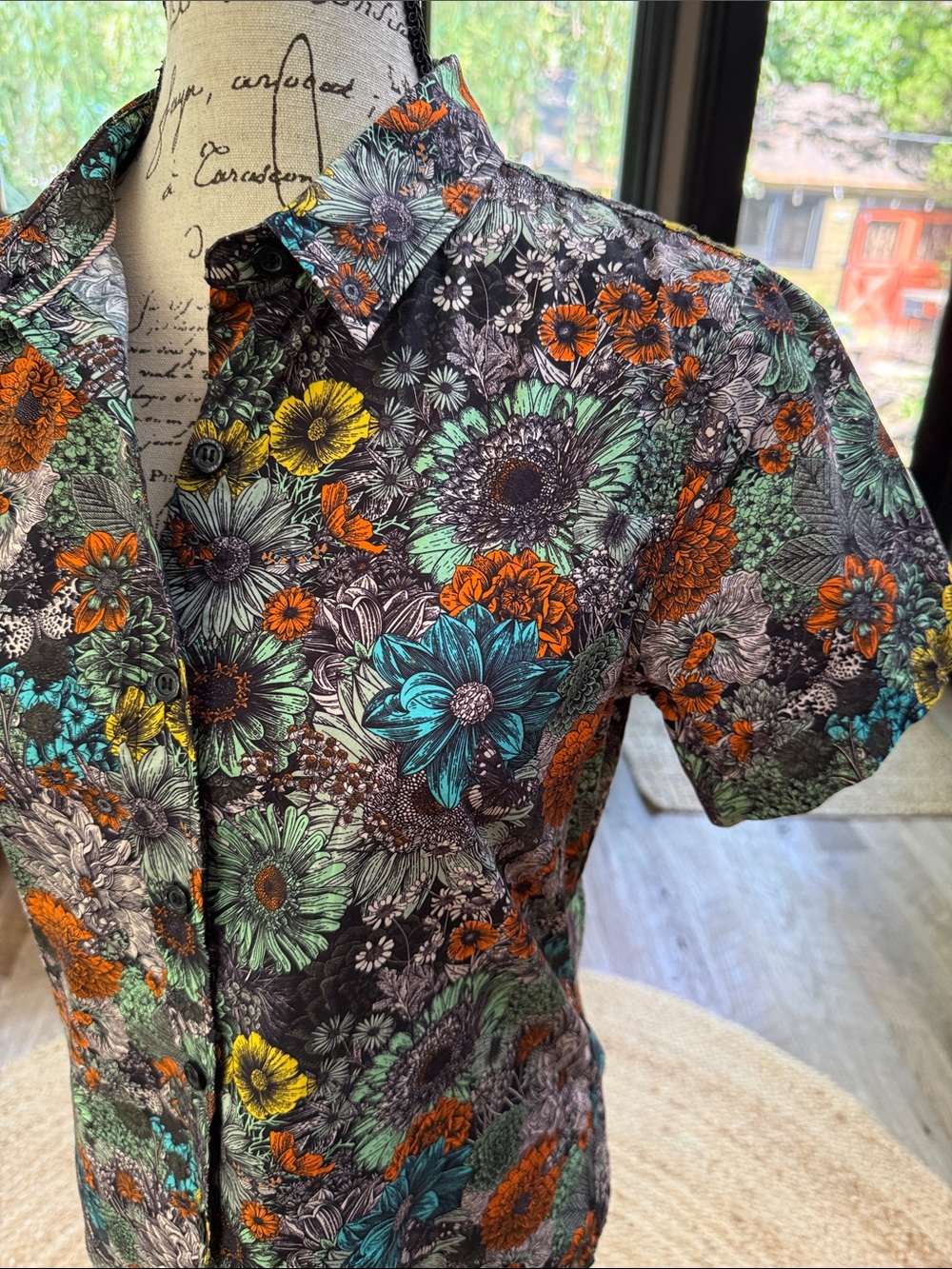 Wildfang Black Floral Button-Up Shirt with Teal, Orange & Yellow Accents - Picture 6 of 10